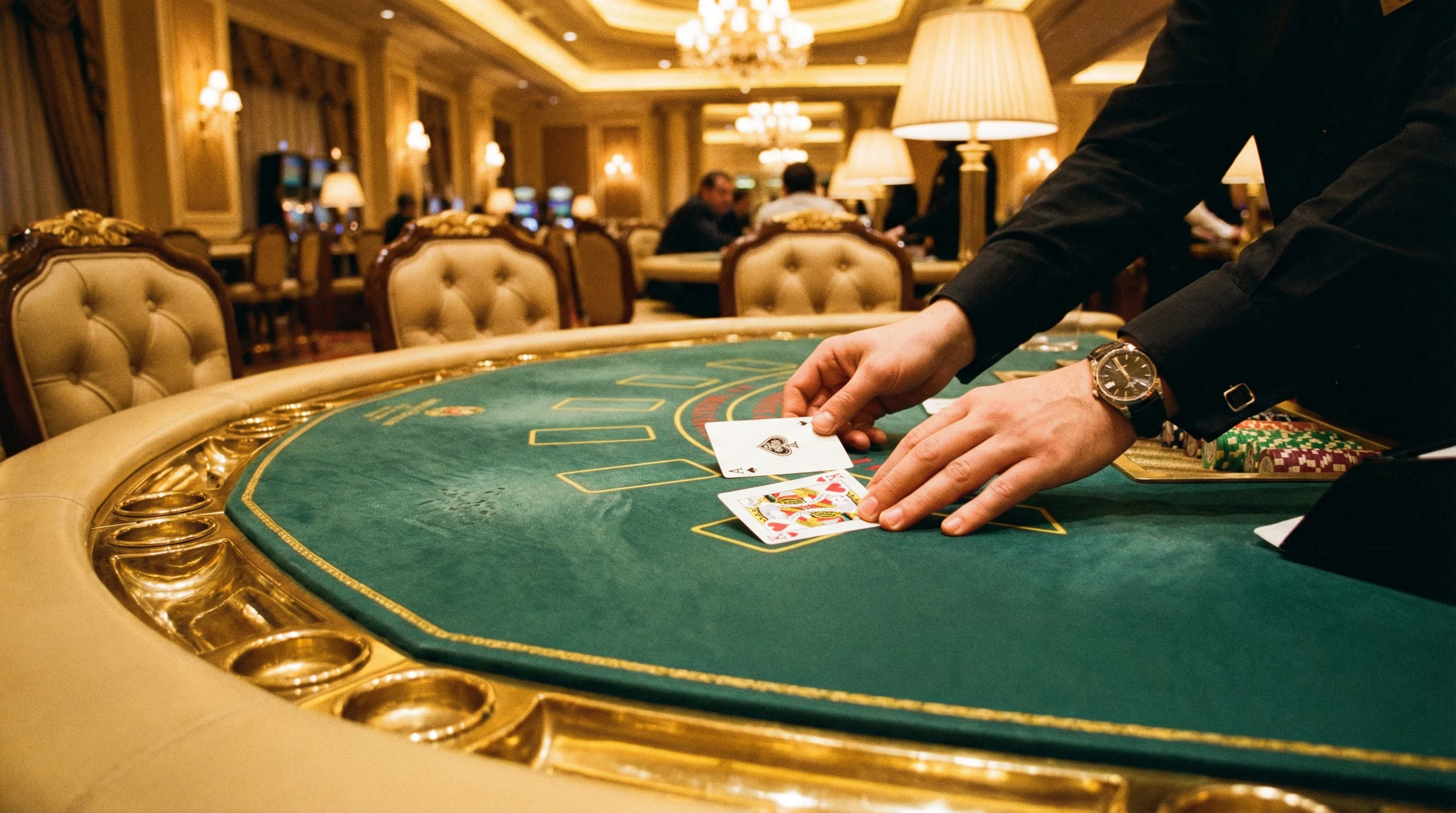 Mesa de blackjack profesional con cartas y fichas